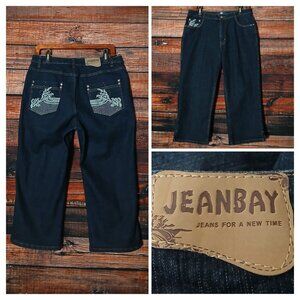JeanBay Capri Jeans Plus Size 14 W Dark Ramie Denim Embroidered Wave